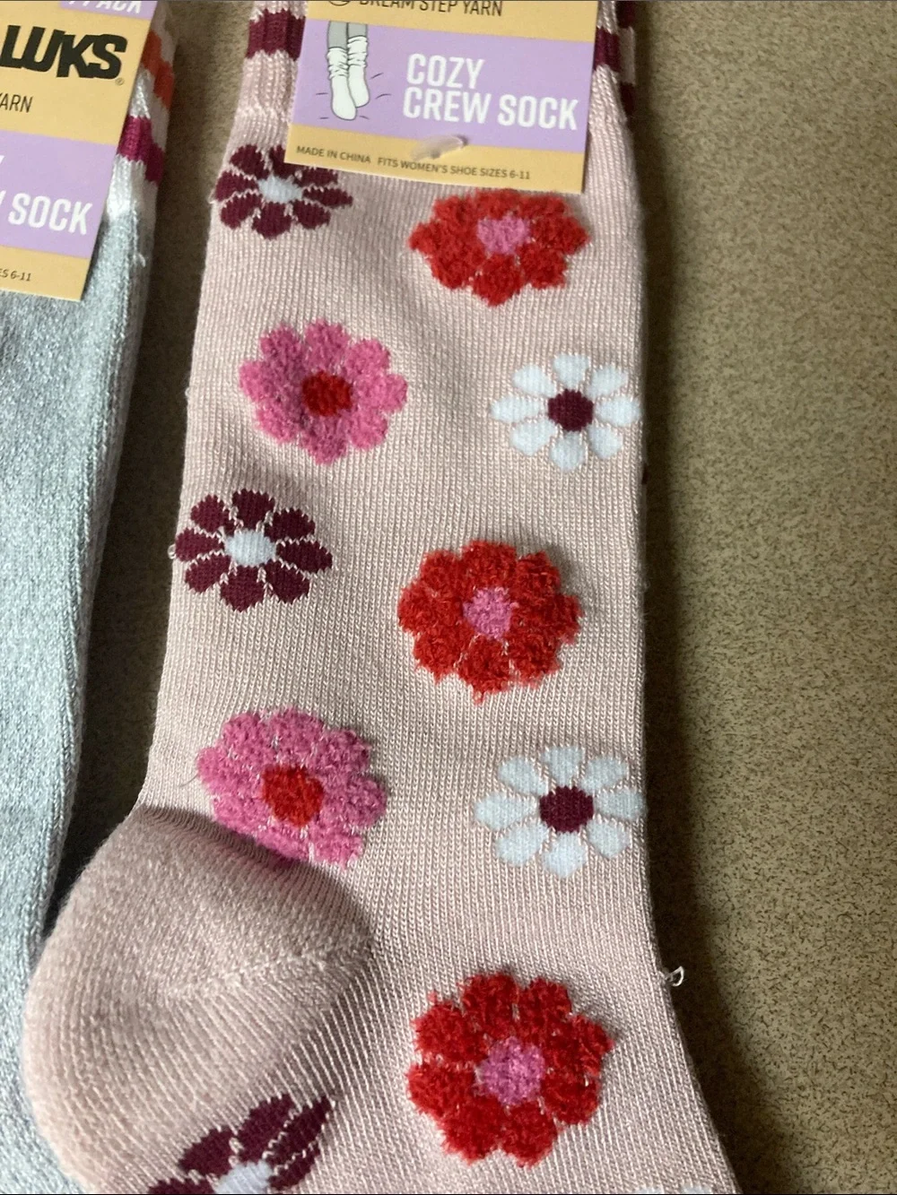 Muk Luks Crew Socks - Light Blue Peace Sign & Pink Floral (2-Pack)